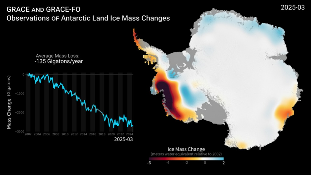 南極氷床の質量変化（2025年3月時点）を示す図面