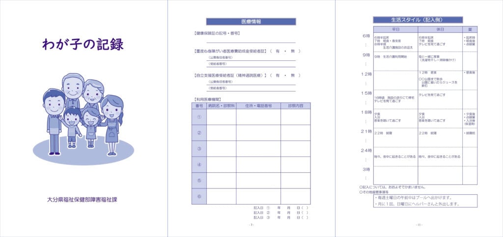 冊子「わが子の記録」の紙面見本。左には表紙。中央には医療情報(保険証、受給者証、利用医療機関)のページ。右には生活スタイル(平日と休日の起床から就寝までの1日の流れが1時間ごとに細かく記載できる)がある。