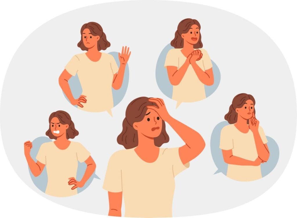 一人の女性が、頭を抱える、怒る、祈る、思案するなど、様々な感情や心理的な葛藤を表現しているイラスト