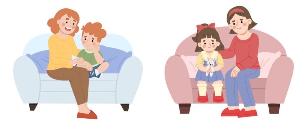 大人が不安げな子どもに寄り添い、優しく触れ合いながら話を聞いている2組のイラスト