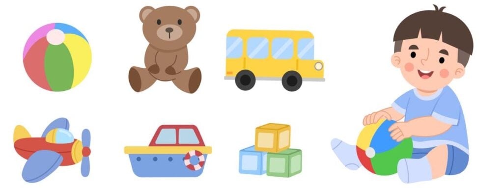 様々なおもちゃ（ボール、ぬいぐるみ、車、飛行機、積み木等）と、床に座って笑顔でボール遊びをする男の子のイラスト