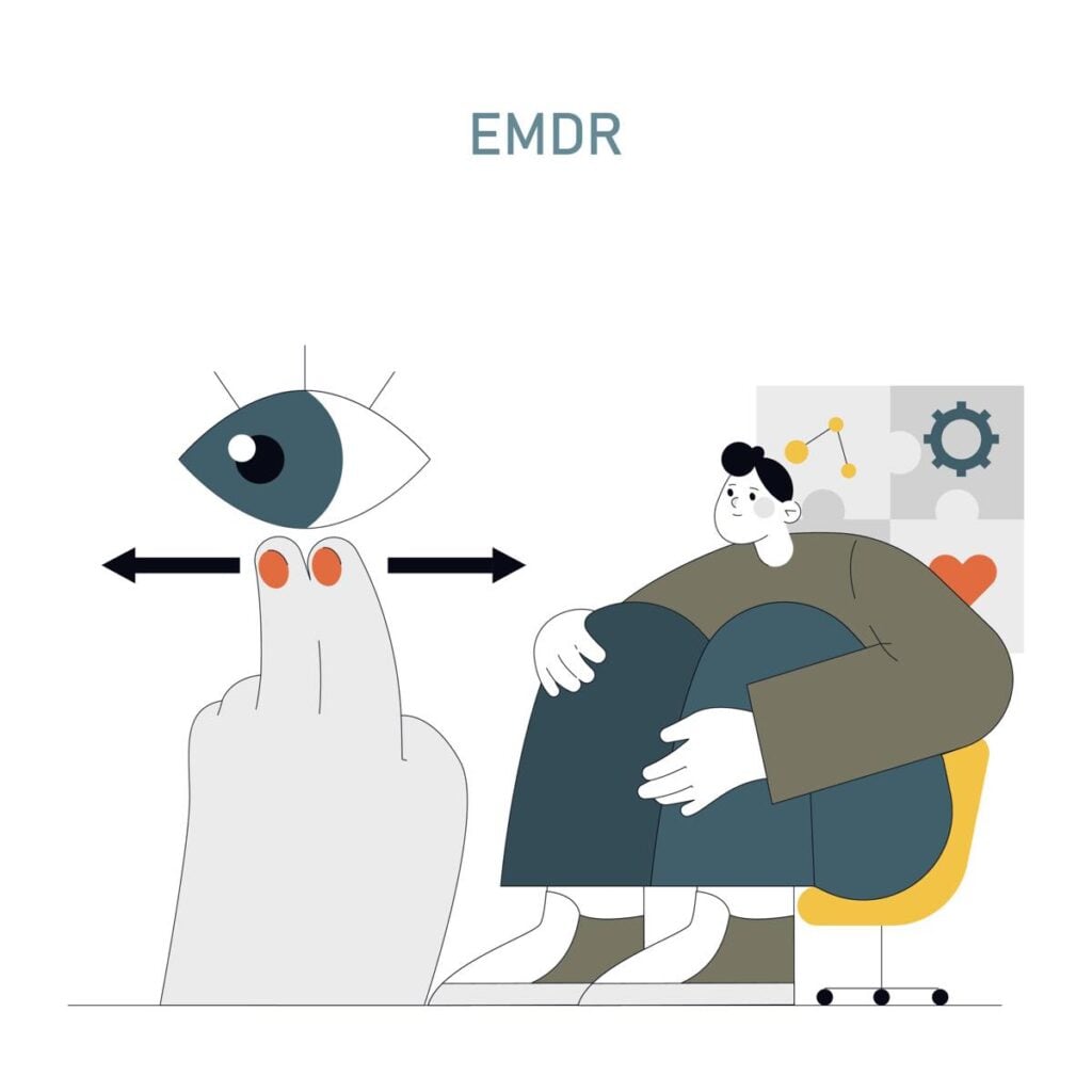 EMDRを説明するイラスト。左右に動く指を大きな目が追い、その傍らで一人の人物が膝を抱えて座っている