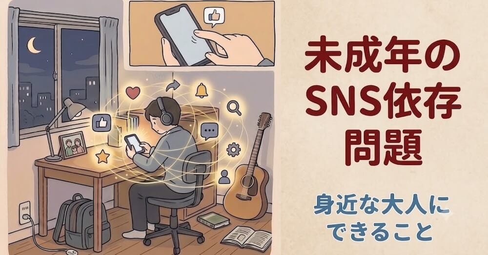 「未成年のSNS依存問題 身近な大人にできること」という文字が入った記事のメインビジュアル。夜の自室で、ヘッドホンをつけてスマートフォンを操作する少年のイラストが描かれている。