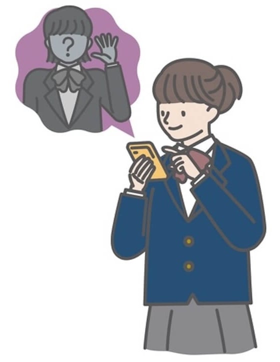 制服姿の女子学生が笑顔でスマホを操作する傍らに、顔が「?」になった正体不明の人物が吹き出しとして浮かんでいる、SNSの人間関係やなりすましのリスクを表現したイラスト