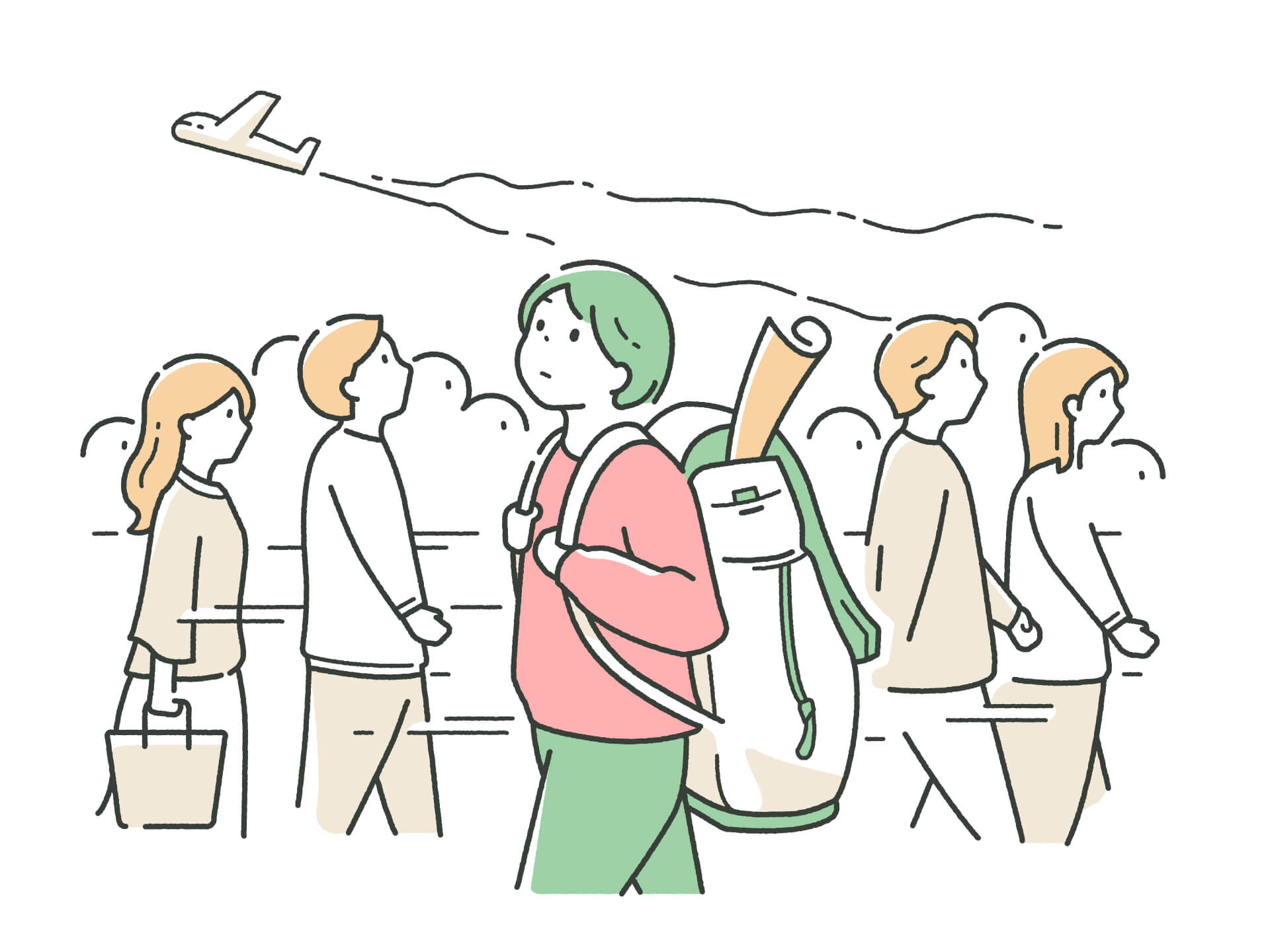 大きなリュックサックを背負った若者が、上空を飛ぶ飛行機を見上げているイラスト。周囲を行き交う人々の中で立ち止まり、自らの意思で海外へ飛び出して、自分の目で社会や世界を見てみようと決意した様子を表現している