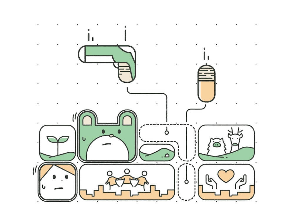 落ち物パズルゲームをモチーフにしたイラスト。人間やクマ、自然、野生動物などを表すブロックが積み重なる中、上から猟銃（駆除）や注射器（保護・麻酔）の形をしたブロックが落ちてきている。人間とクマの生活圏が交差して緊張関係にある中、駆除や共存といった多様な対策をどのように組み合わせ、課題を解決していくか模索する様子を表現している。