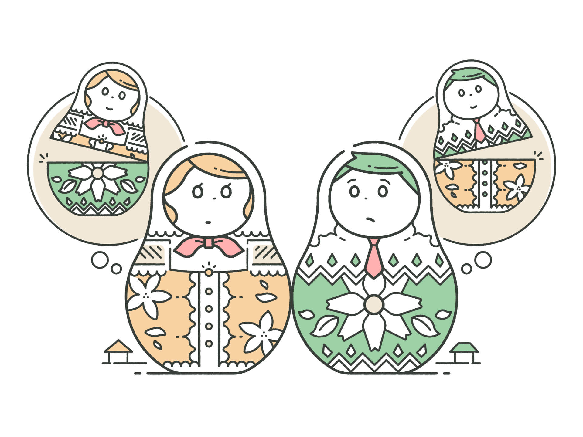 夫婦のマトリョーシカが描かれたイラスト。互いに上半分と下半分のパーツが入れ替わった姿を想像している。