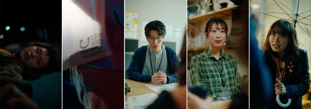 画像:第1話『あの日の、タカナシさん』の 場面写真。左から、地面に倒れる辺見さゆり、日本財団のロゴの入った袋、話をする助成先団体のタカナシさん、「よりみちカフェ」の店員、傘をさすさゆり。