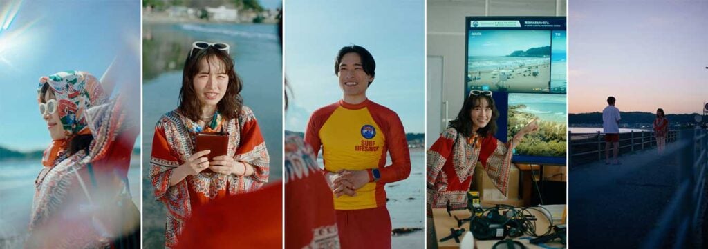 画像:第2話『あの日の、タカナシさん』の場面写真。左から、海で背伸びをするさゆり、手帳を手に話すさゆり、話をするライフセーバーの男性、モニターの前で話をするさゆり、暗くなった海のそばで男性と話しているさゆり。