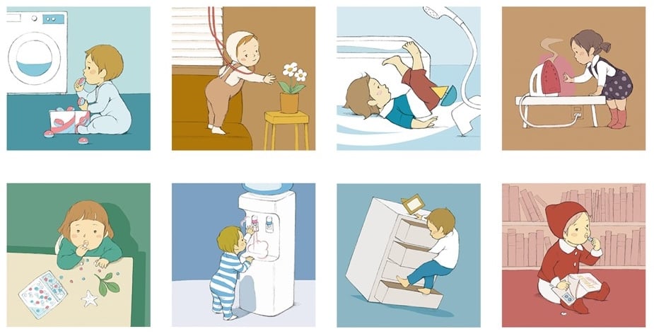 家庭内で起こりやすい子どもの事故を描いた8つのイラストです。洗剤や薬・小物の誤飲、ブラインドの紐の絡まり、お風呂での転倒、火傷、家具の転倒など、日常に潜む危険な状況がまとめられています