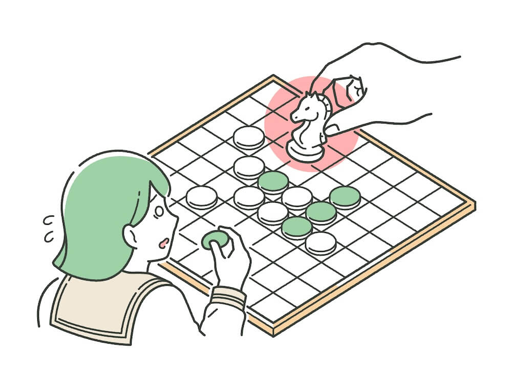 オセロゲームの盤面で、制服姿の若者が緑色の駒を手に戸惑っているイラスト。盤上にはオセロの駒ではなく、チェスの駒（ナイト）が別の手によって置かれようとしており、若者が驚きと困惑の表情を浮かべている。国際秩序は突如瓦解する可能性があるように、突然ルールを破られて戸惑う若者の様子を表現している。