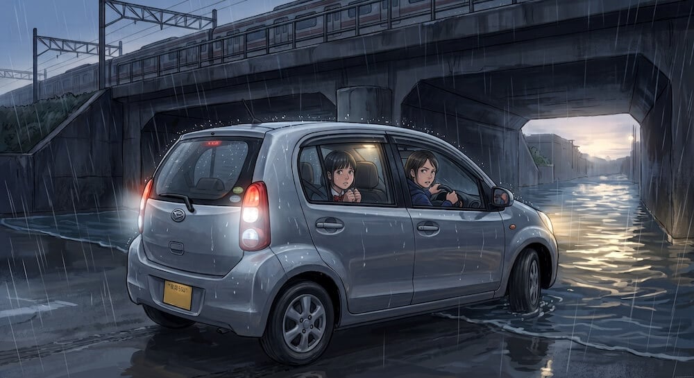 大雨の朝、線路下に水がたまっているのを見て、車を引き返そうとする母親と、後部座席に座り心配そうにしている中学生の女の子