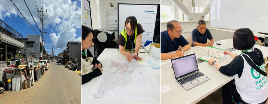 写真:令和8年8月千葉豪雨での被災地の様子。左写真:複数の家の前にも、水没して使えなくなった家財道具が山のように運び出されていた。中央写真:地図を前に話をしている対策本部の様子。右写真:対策本部で日本財団職員と打ち合わせしている様子。
