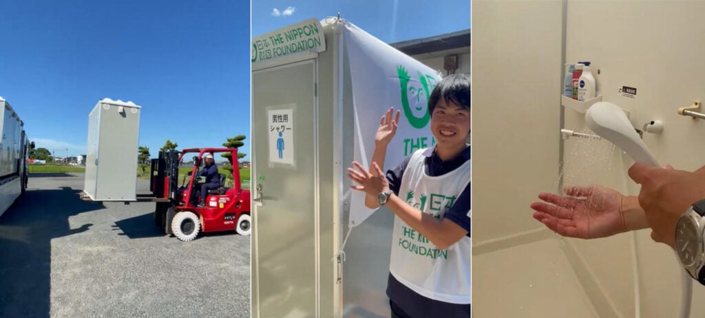 写真：熊本県八代市鏡町の北新地多目的センターに設置された仮設シャワーの画像。左画像は仮設シャワーが設置される様子。中央画像は設置された仮設シャワーを紹介する様子。右画像は仮設シャワーの中でシャワーから水が流れる様子。