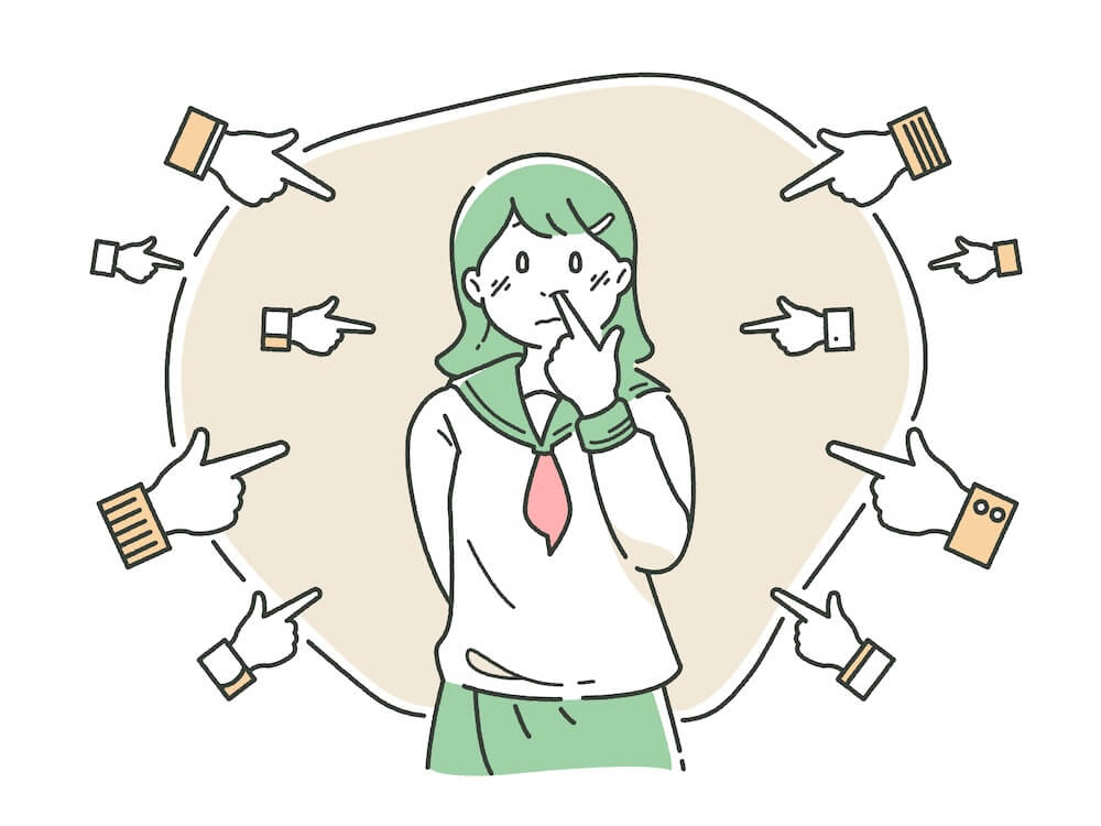 周囲から一斉に指を指すたくさんの手（同調圧力や監視の目）に取り囲まれながら、人さし指を鼻に入れている制服姿の女子学生のイラスト。コラム内の「失敗やノイズを許容しない潔癖すぎる社会」に対し、過度な完璧さを求めず不完全さや弱さも受け入れられる「寛容な社会（鼻くそがほじれる社会）」のあり方を表現している。