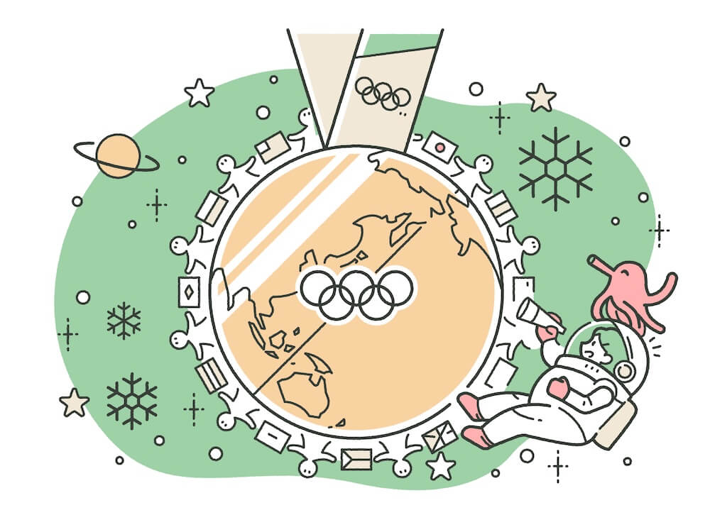 中央に世界地図とオリンピックの五輪マークが描かれた大きな金メダルのイラスト。メダルの縁に沿って、手紙やデバイス型の胴体を持つ人々が手をつないで輪を作っている。背景の薄緑色の空間には星、雪の結晶、輪を持つ惑星が浮かび、右下には望遠鏡を構えた宇宙飛行士の頭にピンク色のタコが乗っている様子が描かれている。