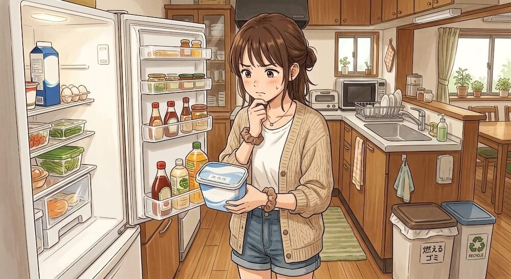 冷蔵庫から出した賞味期限切れのヨーグルトを捨てようか悩んでいる中学生の女の子