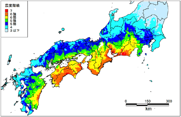 南海トラフ巨大地震の震度分布図：静岡県から宮崎県にかけての一部では震度7となる可能性があるほか、それに隣接する周辺の広い地域では震度6強から6弱の強い揺れになると想定される。また関東南部、中部、山陰では震度5強強、関東北部、日本海側で震度4、東北で震度3以下の揺れが想定される