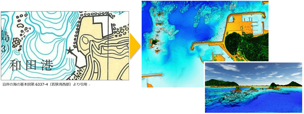 写真左：既存の海図の説明画像。既存の海図では、粗い地形情報のみが書かれている。写真右上：岩礁の凹凸など海底の微細な地形を色の濃淡で把握できる海の地図画像。写真右下：3Dでの表現も可能となっている。