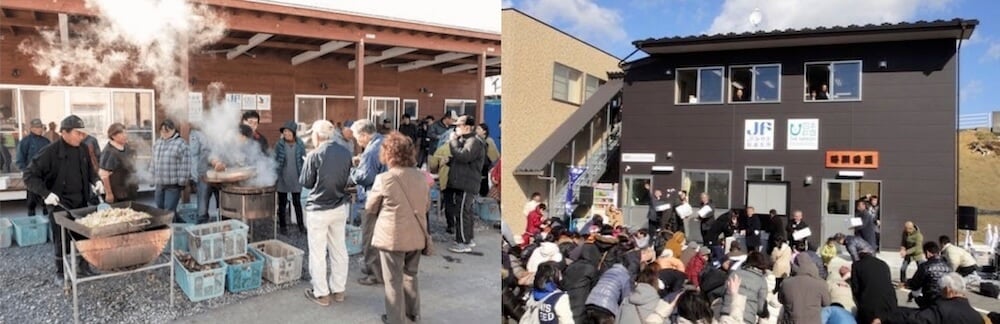 左:長面浦番屋(宮城県石巻市)で地域住民に海産物を振る舞う漁業関係者
右:日本財団の番屋再生事業で完成した鳴瀬番屋(宮城県東松島市)